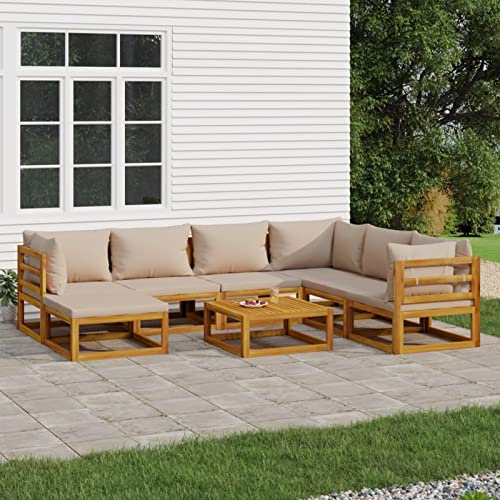 Homgoday Juego de 8 muebles de jardín con cojines de color topo y muebles de jardín, muebles de balcón, sofá de jardín, sofá esquinero, sofá para jardín, balcón, terraza, madera maciza