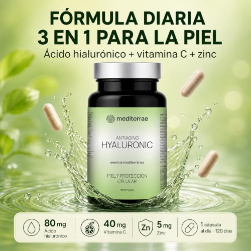 Miniatura 2 de Mediterrae Ácido Hialurónico Cápsulas 120 Días Piel Firme, Hidratación, Elasticidad Y Luminosidad Con Vitamina C Zinc Cápsulas Veganas Y Protección Celular