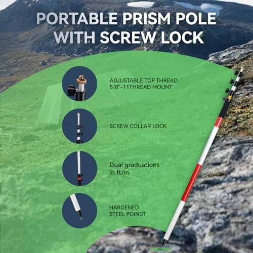 Image of 4.65m /15.25FT Aluminum Prism Pole - Dual Scale, Quick Release Clamp & 40-Minute Bubble Level, Survey GPS Pole for GPS /GNSS /Total Stations