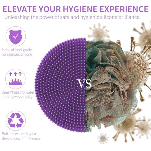 Image of Silicone Body Scrubber, Shower Bath Scrubber, More Hygienic Than Traditional Loofah, Lather Nicely, Long Lasting, Gentle Exfoliating Brush for Women Men Baby Sensitive Skin, 1 Pack, Purple