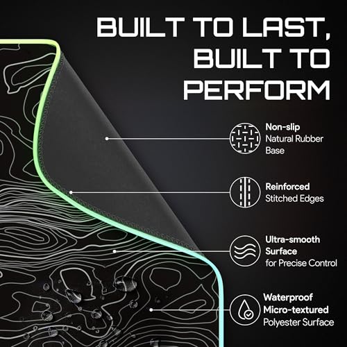 Image of Gerlos RGB Gaming Mouse Pad, Large LED Desk Mat, 31.5 x 11.8 Inch | 12 light modes, non-slip base, water-resistant surface, stitched edges