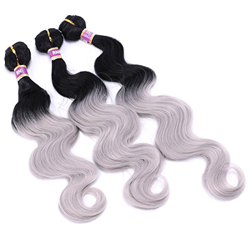 Wavy Hair Bundles Body Wave Hair Weave Synthetic Hair 16 18 20 Inches 3 Pieces/Pack Ombre Color Black and Silver Grey