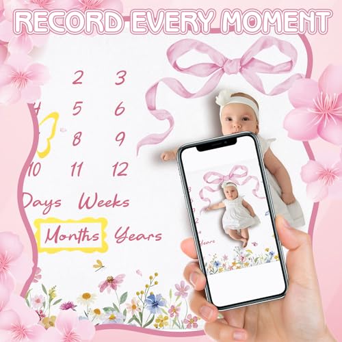 Image of Floral Baby Monthly Milestone Blanket for Girls Flannel Blanket Newborn Infant Swaddle Baby Growth Blanket Photography Background with Wooden Signs,Frames,Headband