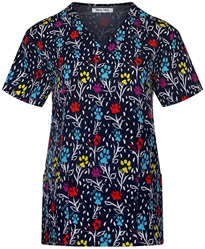 Minty Mint Women's Comfortable Easy Fit Lightweight Durable Stretch Printed V-Neck Medical Scrub Top fd03fc Navy White White M