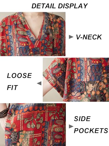 Image of Plus Size Summer Dress Printed V Neck Casual Loose Long Dresses with Pockets