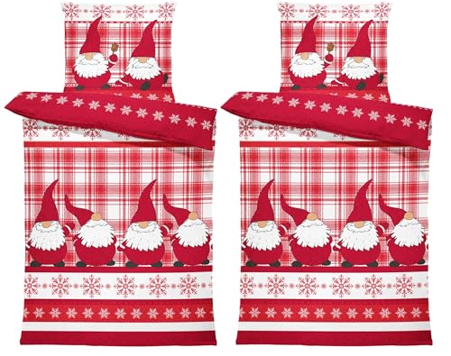 one-home Winter Bettwäsche Thermo Fleece Kuschelig Warme Bettbezüge Flauschig Warm Weich, Größe:4 teilig 135x200 cm, Farbe:Wichtel Rot