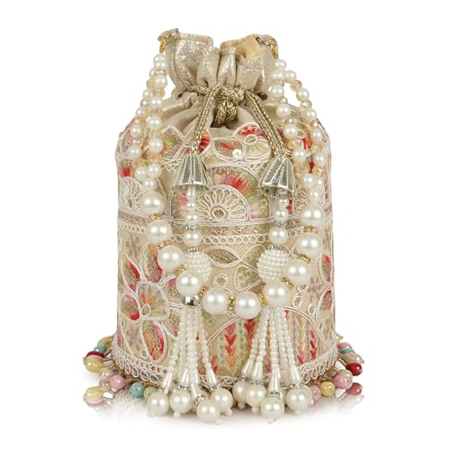 Image of Nevis Silk Fabric Embroidered Potli Bag with Pearl Beaded Handle | Designe Ethnic Drawstring Clutch for Wedding, Festive