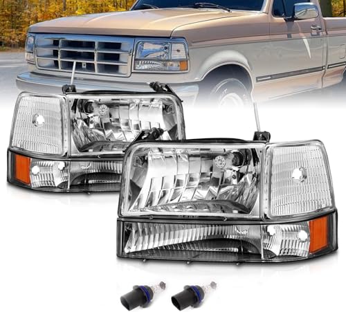 AmeriLite for 1992-1996 Ford F150 F250 F350 Bronco Truck Chrome Replacement Headlight Assembly w/Bumper Corner Lamp Set - Driver and Passenger Side