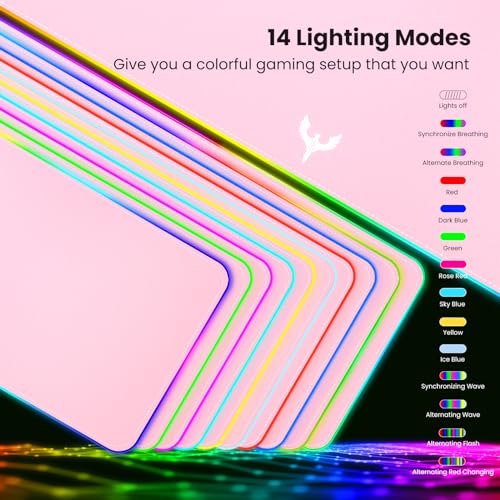 Image of BladeHawks RGB Gaming Mouse Pad Extra Large Extended 31.5x12 Inch-Pink | LED mouse pad with 14 lighting modes, covers keyboard & mouse, anti-slip rubber base, waterproof surface, USB powered