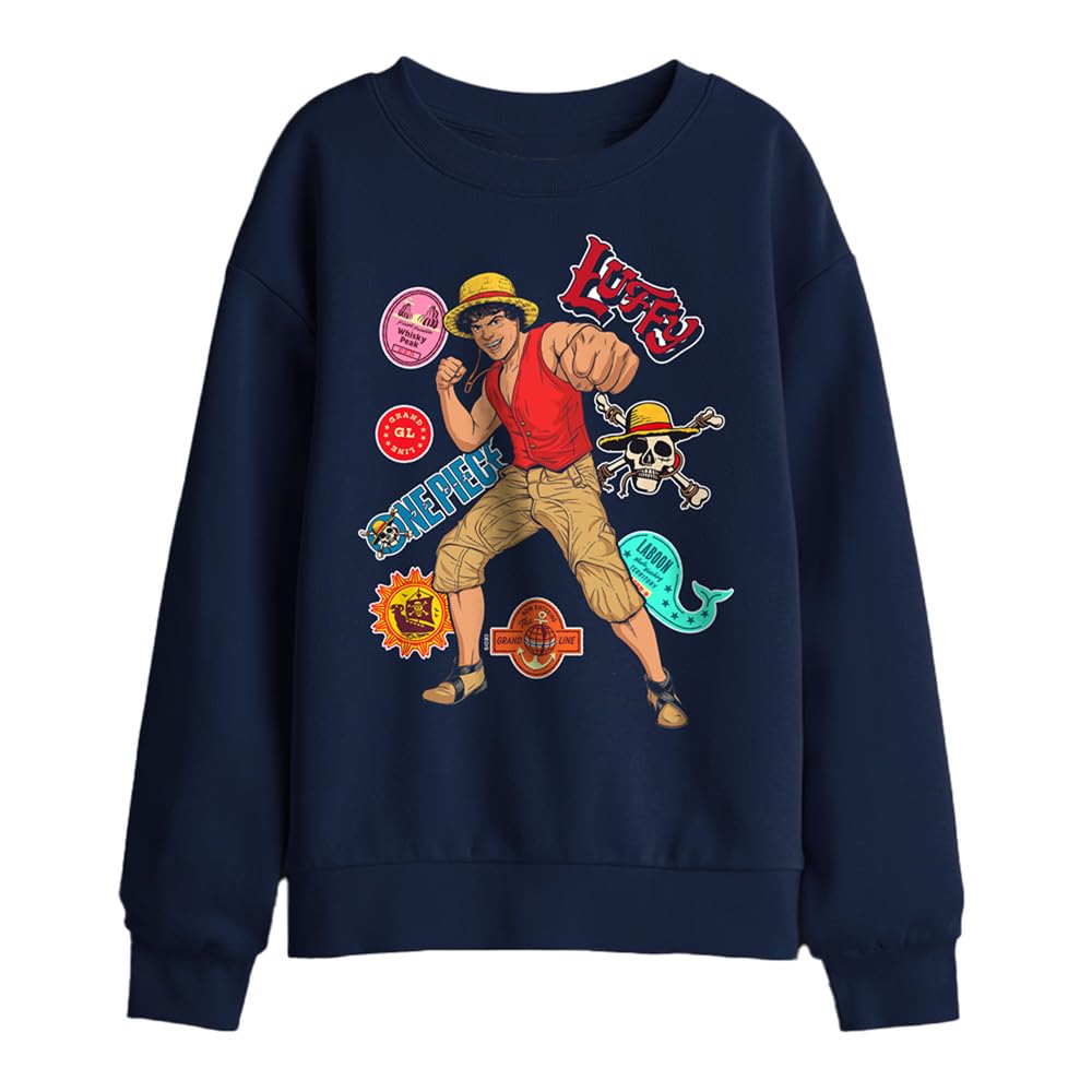 One Piece Luffy Stickers Kids Sweatshirt, Navy, 9-11