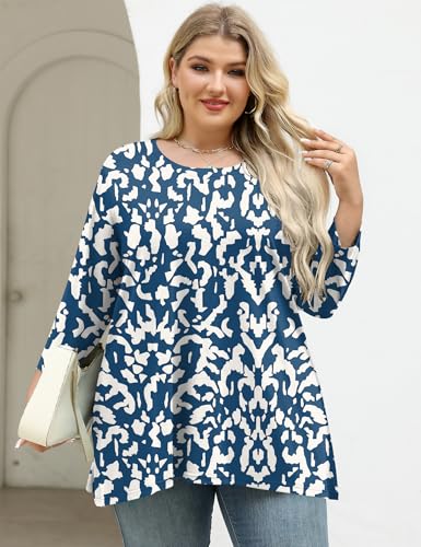 LOMON Womens Plus Size Tops 3/4 Length Sleeve Blouses Crew Neck Business Casual Tunic Tops with Asymmetrical Hem 1X-5X3