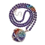 Top Plaza 7 Chakra Healing Crystal Amethyst Necklace Natural Round Gemstone Pendant Necklace Life Tree Copper Wire Wrapped Beads Necklaces Purple Jewelry for Women