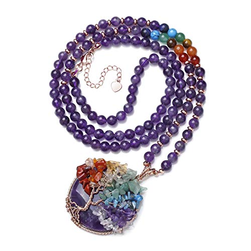 Top Plaza 7 Chakra Healing Crystal Natural Round Gemstone Pendant Necklace Life Tree Copper Wire Wrapped Beads Necklaces Reiki Jewelry for Women