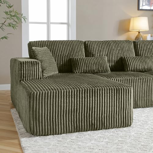 Image of L Shaped Modular Boneless Sectional Couches for Living Room, Wide Armrest, Deep Seat, Memory Foam, Assembly Free, Modern Comfy Corduroy Fluffy Cloud Sofa with Left Chaise, Green