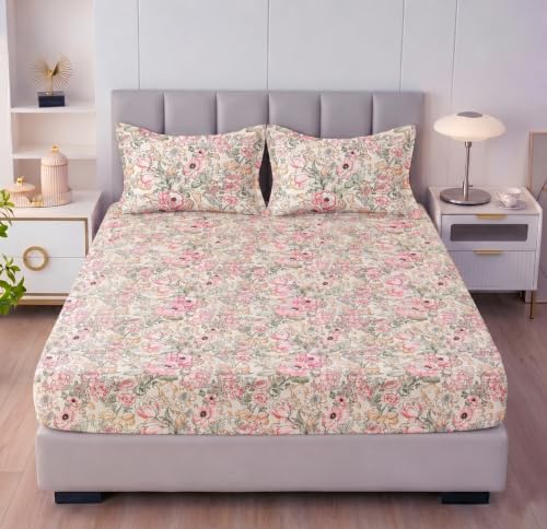 Image of VAS COLLECTIONS 240 TC Premium Double Bed Fitted Bedsheet, Soft Comfortable Stretchable Mattress Sheet with Elastic Fitted Corners, Durable Easy Care, 72 x 72 + 10 Inches (183x183+25 cm) - Warm Pearl