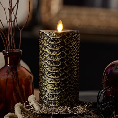 Image of Luminara Snake Pattern Flameless LED Candle, Black & Gold 3 inch x 6.5 inch, Moving Flame Pillar, Battery Operated Timer Real Wax Halloween Gothic Home Decor