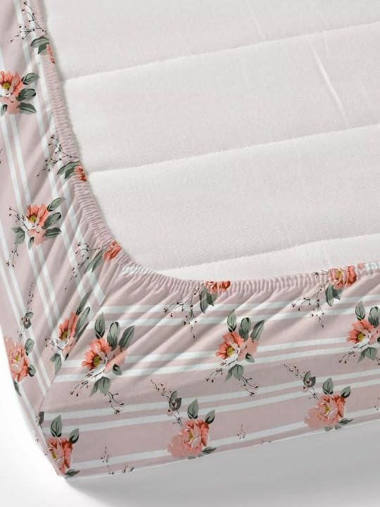 Image of 380 TC Premium Glace Cotton Elastic Fitted Bedsheet King Size with 2 Pillow Covers King Size | Double Bed with All Around Elastic (PinkRose, Fitted Queen-60x78)