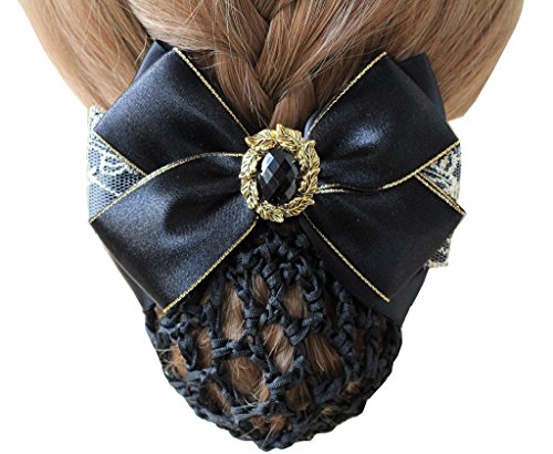 Skyvan Elegent Lace Ribbon Bow Bowknot Rhinestone Mesh Elastic Snood Net Hairnets Barrette Hair Clip Accessories Decor Bun