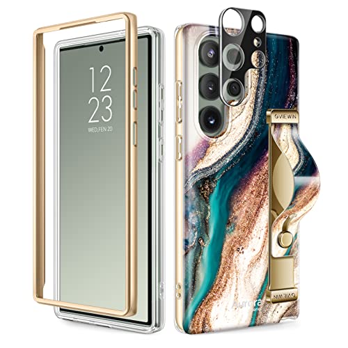 Gviewin Compatible With Samsung Galaxy S23 Ultra Case + Marble Cell Phone Grip Strap (Drift Sand/Brown) #TOP19