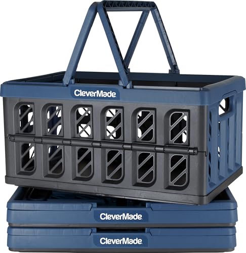 CleverMade Collapsible Shopping Basket, Ocean, 3PK - 24L (6 Gal) Reusable Plastic Grocery Shopping Baskets, Holds 25lbs Per Basket - Small Foldable Storage Crates with Handles