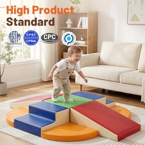Image of TODIBY 9-Piece Climbing Foam Blocks: Soft PU Leather - Baby Climb and Crawl Activity Blocks - Kids Play Gym Equipment Indoor for Development