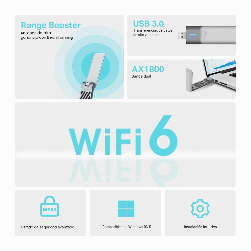 TP-Link Archer TX20UH - Wi-Fi 6 AX1800 Potente Stick WiFi 6 de Alta Ganancia, Adaptador de Red inalámbrico con 2,4 GHz, 5 GHz, Antenas duales de Alta Ganancia, WPA3, Windows 11/10