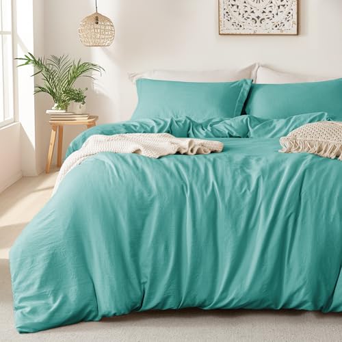 Image of MILDLY Duvet Cover Full Ultra Soft Comforter Cover Set 3pcs, Turquoise | Washed Microfiber Cotton-Like, Breathable Comfort, Hidden Zipper, Corner Ties, OEKO-TEX Certified, Fade Resistant