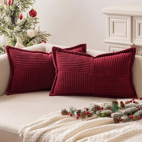 MIULEE 2er Set Kissenbezug 40×60cm Kordsamt Biese Patchwork Burgund – Ansicht 1