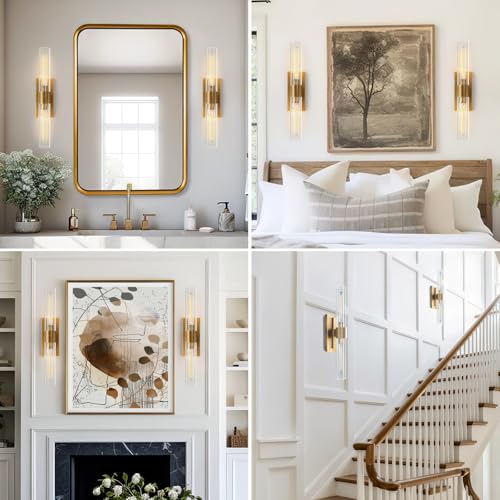 Image of YUYI Brass Wall Sconces Set of Two, 22.8'' Gold Bathroom Sconces Wall Decor with Clear Glass Shade, Indoor Vanity Wall Lights for Bathroom Living Room Bedroom Hallway Fireplace Staircase