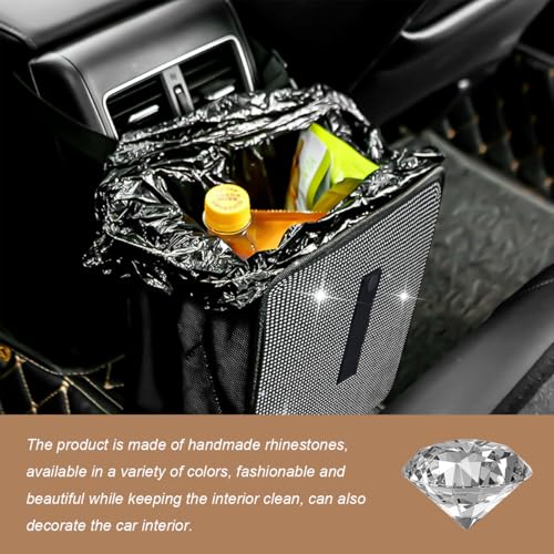Image of Car Trash Can, Bling Rhinestone Crystal Waterproof Hanging Garbage Bag for Car Interior, Oxford Leakproof Foldable Waste Organizer Trash Bin Universal for Most Vehicles (White)