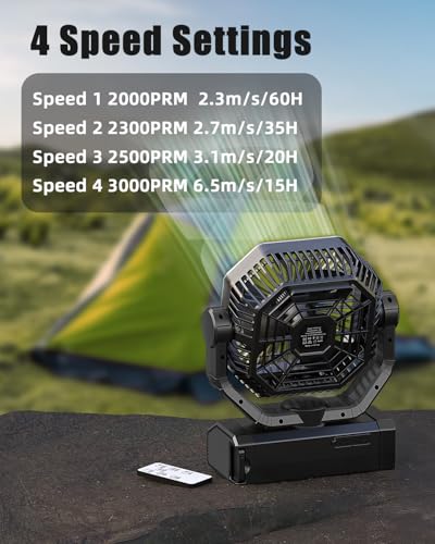 Portable Rechargeable Fan - 9-Inch Camping Fan for Tent, 24000mAh(60Hrs) Battery Operated Fan for Camping, Auto Oscillation Cordless Fans, Tent Fans with Remote/Light, 4 Speeds, 4 Timing, Outdoor - Image 3