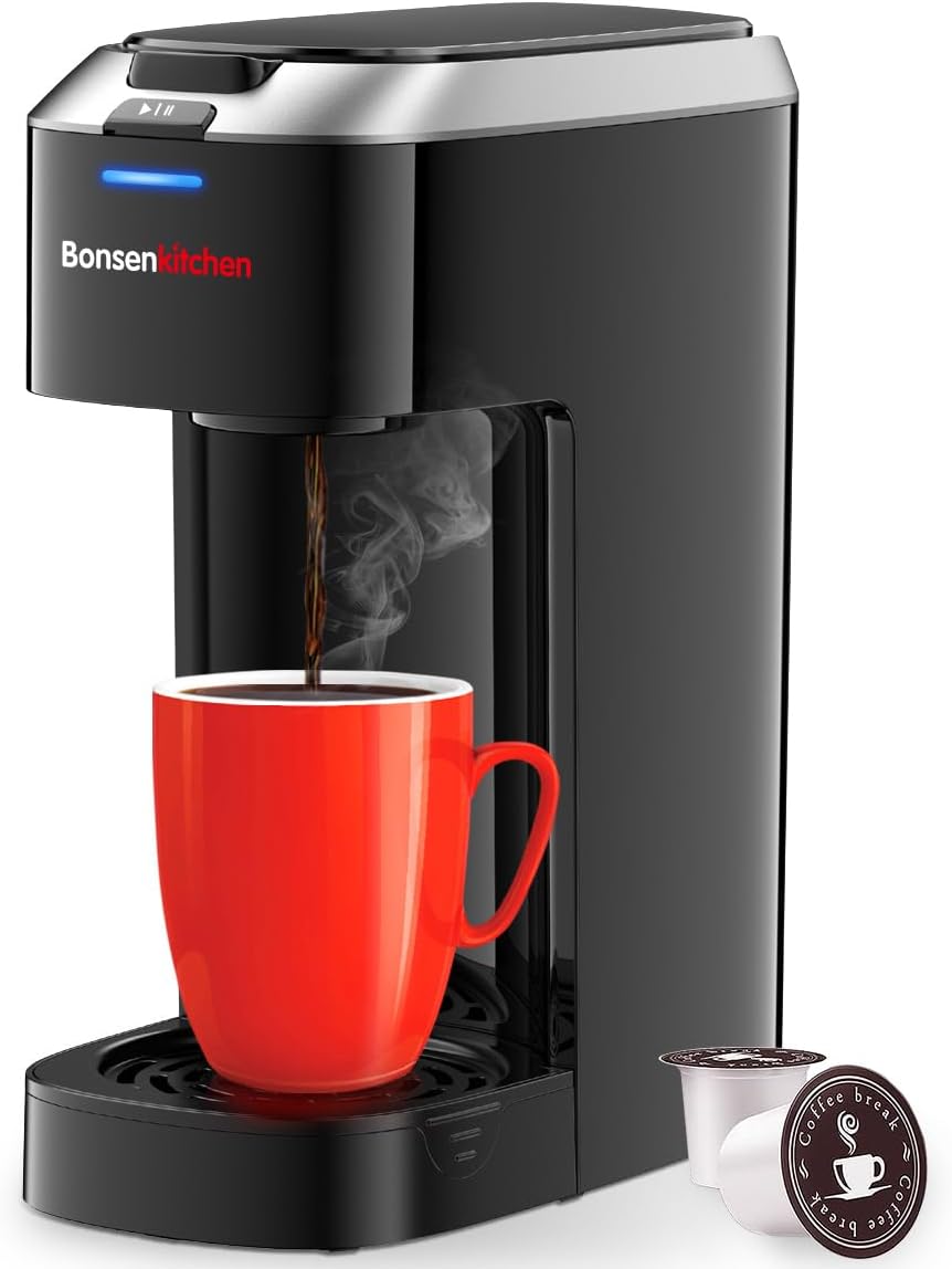 Bonsenkitchen Single Serve Coffee Maker K Cup Pod with 6-14oz Brew Size- 3 Min Fast Brewing Machine with Strength Control, BPA-free Materials, Fits 6.6" Travel Mugs, Silver, Upgrade Black+Silver