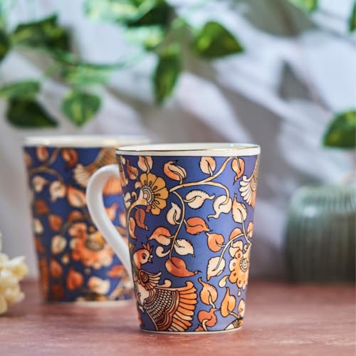 Image of GOLDEN QUEEN'S Mugs Set Of 2 For Coffee, Tea, Milk - Ideal For Your Daily Beverage Ritual, Hosting & Casual Gatherings | 24 K Gold On Rim - Kalamkari Hues In Blue, 300 Ml