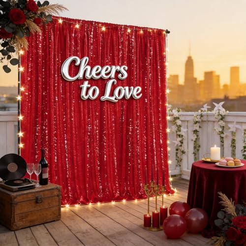 Image of 10FTx10FT Red Sequin Backdrop Curtain Photo Photography Party Decorations | Twilight Sparkle Glitter Fabric for /Wedding /Baby Shower /Happy Birthday /Christmas /New Years /Bachelorette /Theme Party