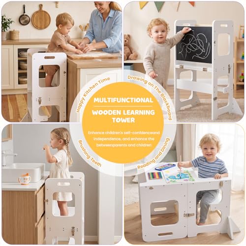 Image of labebe Toddler Standing Tower for 12M+, Montessori Foldable Learning Standing Tower with Blackboard, Anti-tip Structure Design,Wooden Kitchen Step Helper Stool for 1-3 Year Old Boy Girl Gift
