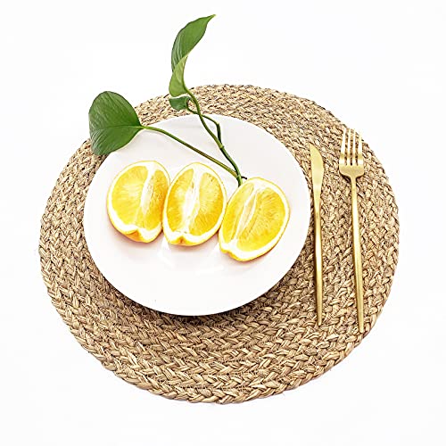 Image of Woven Placemats for Dining Table Set of 2, 100% Natural Straw, Rustic Round Placemats Farmhouse Table Mats Rattan Wicker Placemats Hand Braided Place Mats for Indoor Outdoor, 14.17 inch