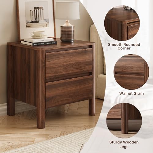 Image of MAISONARIA Walnut Nightstands Set of 2, Mid Century Modern Bedside Table with Hidden Handles and Wood Legs, Wooden End Table with 2 Drawers for Bedroom