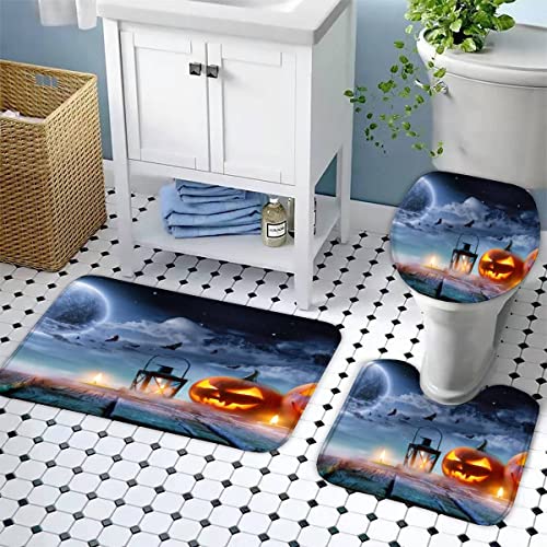 Zifarm Badematte rutschfeste 50x80 cm Halloween Badvorleger-Set 3D Drucken Kürbis Laterne Horror Mikrofaser Flanell… – Bild 6