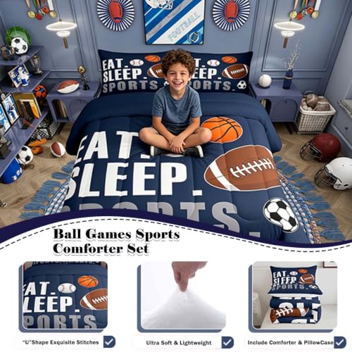 Image of Feelyou Football Comforter Set Full Size Kids Basketball Baseball Soccer Comforter for Boys Girls Sports Theme Bedding Set Breathable Soft Navy Blue Duvet Quilted Ball Game Room Decor