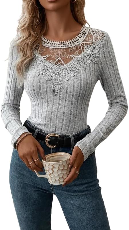 Women's Sexy Lace Tops Dressy Casual Long Sleeve Crewneck Slim Fit Kint Shirts Spring Outfit Clothes