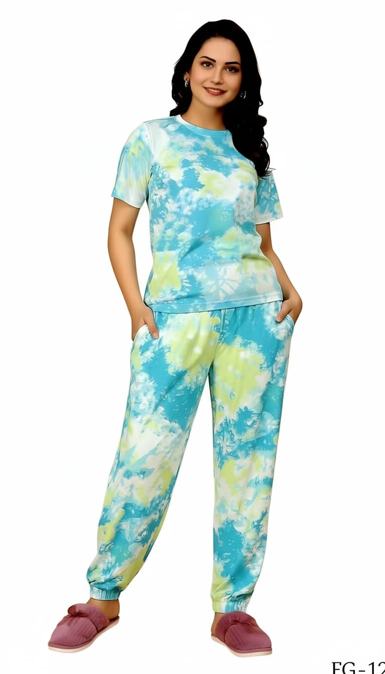 Women's Tie Dye Loungewear Set, Short Sleeve T-Shirt and Jogger Pants, Blue and Yellow Cloud Pattern, Cotton Blend, Casual Comfort Wear, Model FG-12, 2 Piece Set-image-20