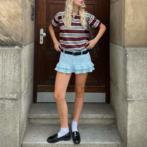 Women's Y2K Striped Rugby Shirt Collared Neck Button Up Polo Short Sleeve Vintage Tee Preppy Grunge Streetwear Top4