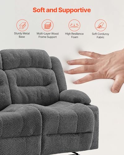 Image of VEVOR Loveseat Recliner Sofa, Manual Reclining Couch with Heating and Massage, Soft Corduroy Recliner Sofa with USB Ports, Cup Holders and Side Storage Bags, Dual Loveseat Chair for Living Room, Grey