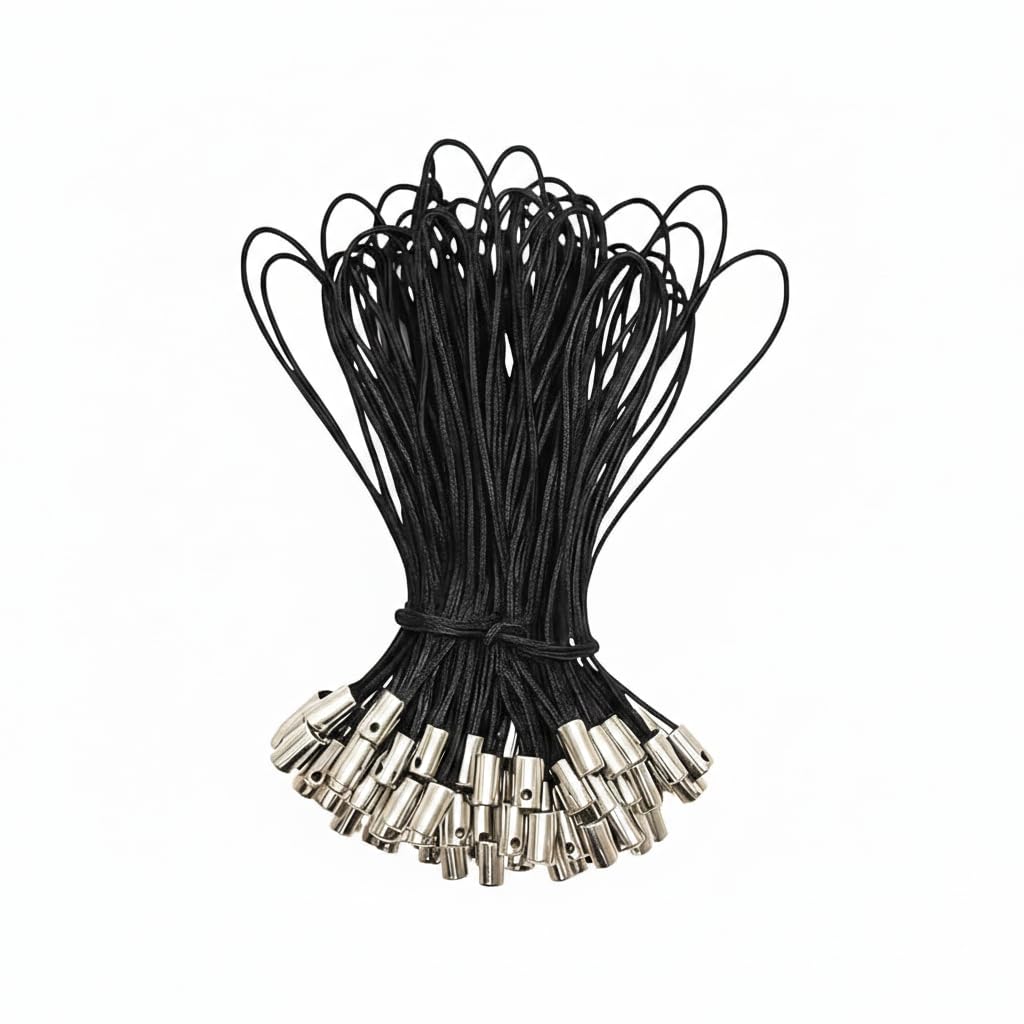 100 Pcs Black Elastic Cord with Metal Connector Rings - Multi-Purpose Jewelry Making String and Hanging Loop Fasteners for DIY Crafts, Tags, and Accessories