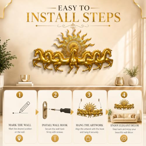 Image of iHandikart 7 Running Horses Metal Wall Art with Sun | Pack of 1, 36 x 21 Inch | Golden Vastu Horse Wall Decor for Living Room, Luxury Iron Wall Hanging Sculpture for Home, Office, Hallway & Entrance, 3D Metal Wall Decoration