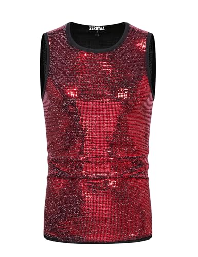 ZEROYAA Men's 70s Sequin Tank Top Shiny Disco Metallic Sleeveless Shirt2