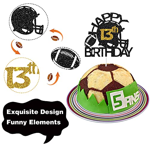 Image of Festiko Black & Gold Glitter Football 13th Birthday Cake Topper, Party Decoration, Supplies
