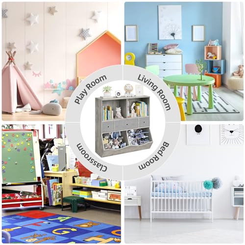 Amyove 2 Set Kids Bookshelf and Bookcase Toy Storage Multi Shelf with Cubby Organizer Cabinet and Drawers for Boys Girls, for Children's Room, Playroom, Hallway, Kindergarten, School (Grey)