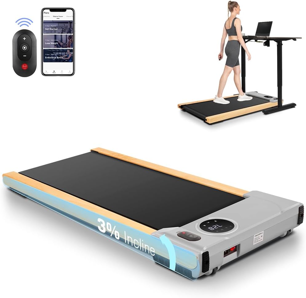 ANCHEER Under Desk Treadmill, Wooden Walking Pad Treadmill with Incline, 2.5HP Portable Treadmills for Home 300 lb Capacity, Smart APP Control Jogging Machine with Remote Control, Installation-Free