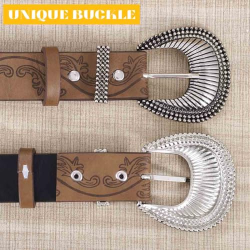 Yalice Women Western Belts for Jeans Brown Cowgirls Belt with Vintage Buckle Cowboys Country Leather Belt for Men3